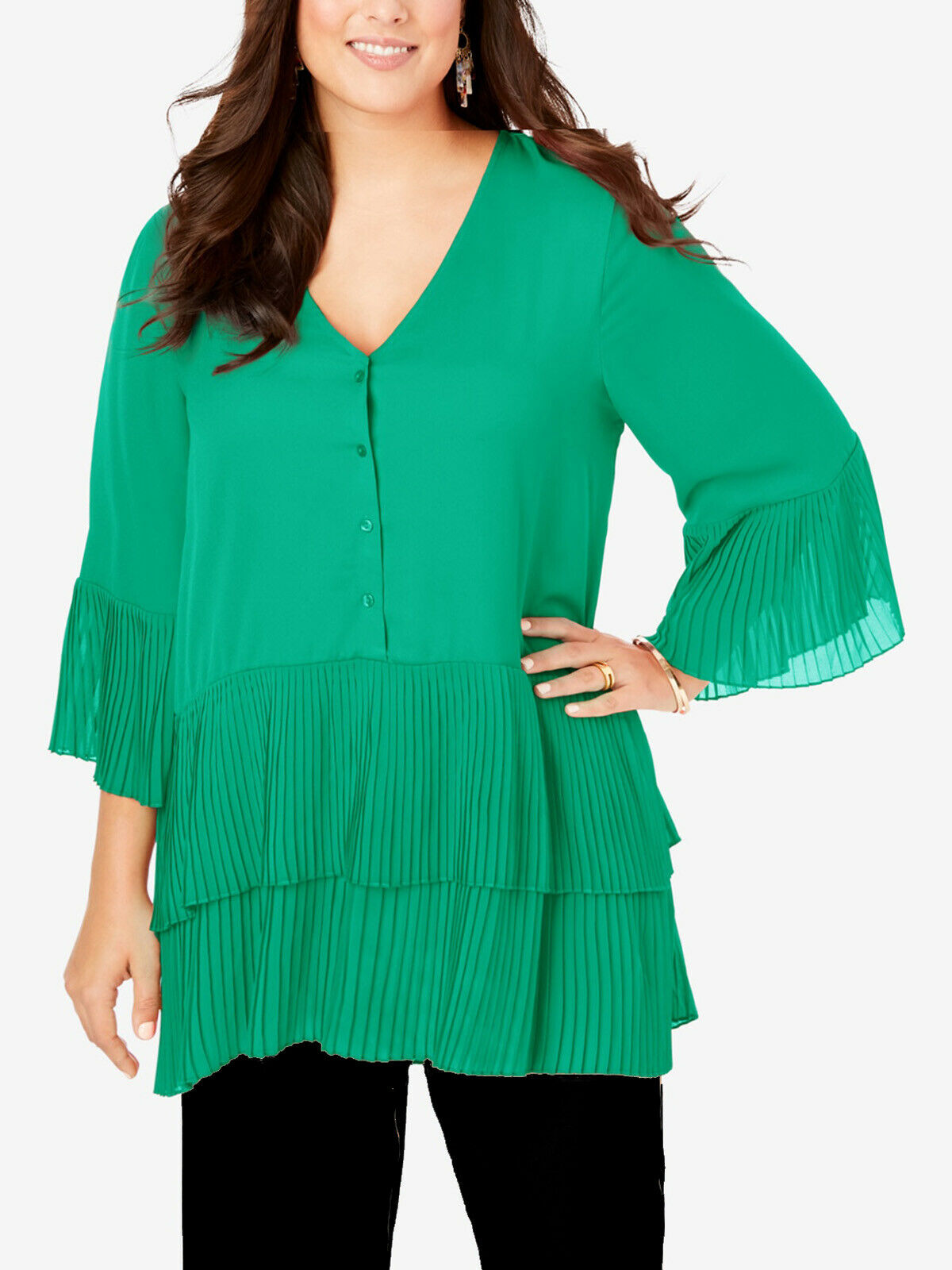 Roamans Tunic Blouse Green Tiered Layer Pleat V-Neck – Sizes 18 to